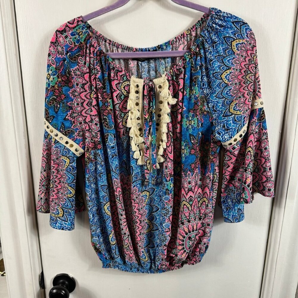 Vanita Rosa Womens Bell Sleeve Off Shoulder Mandala Blouse Pink Blue Size Medium
